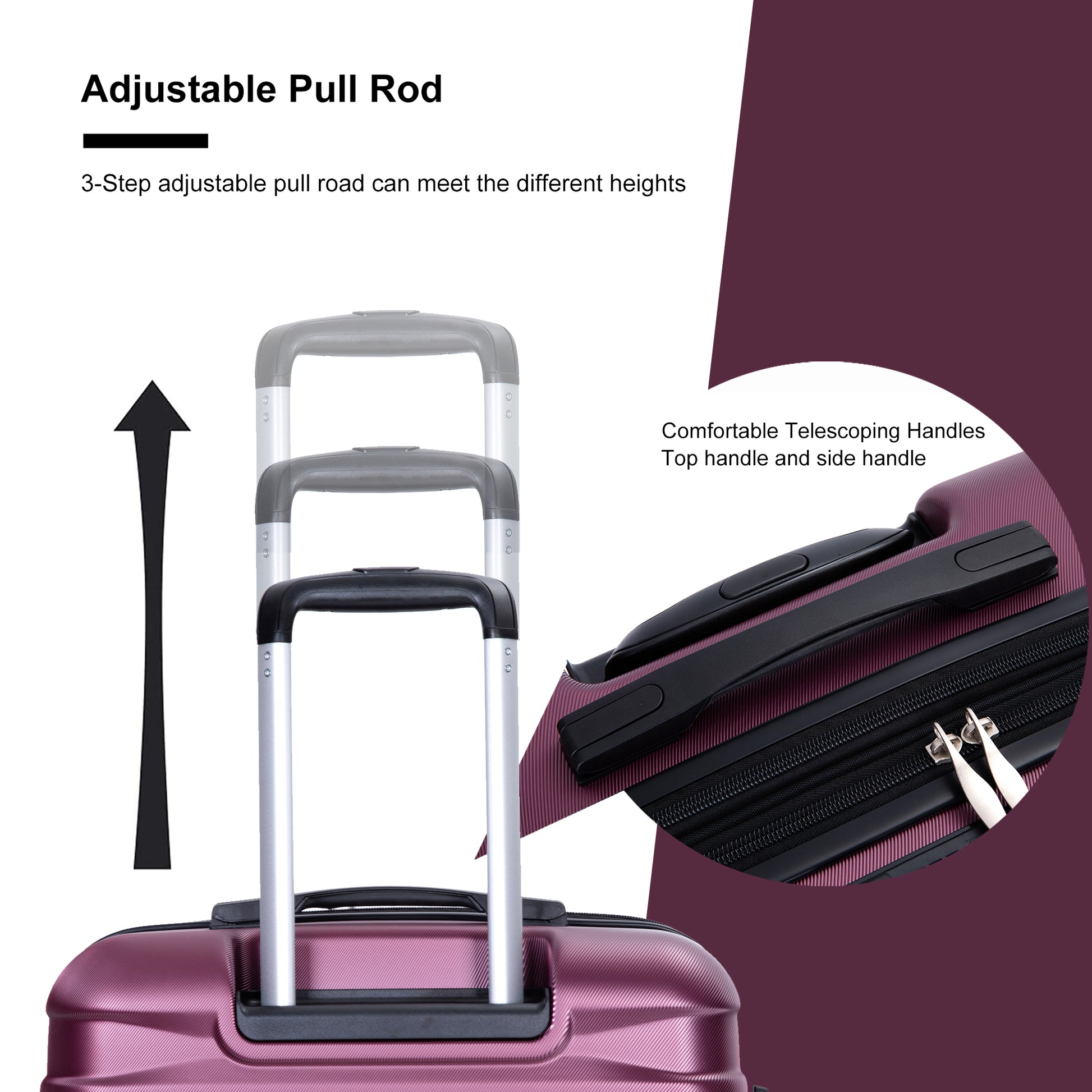 Purple luggage with a silver adjustable pull rod designed for easy travel