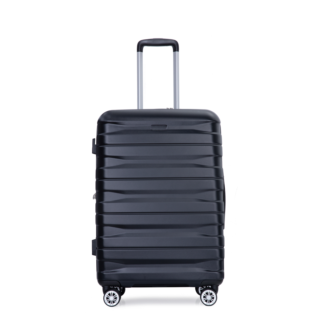 Durable black hardshell suitcase with spinner wheels and retractable handle for travel