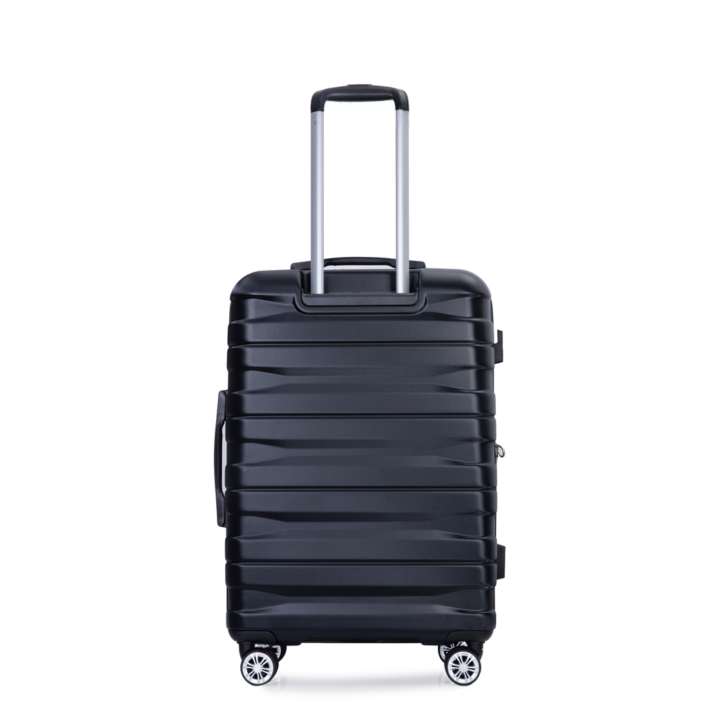 Black hardside suitcase with telescoping handle and spinner wheels
