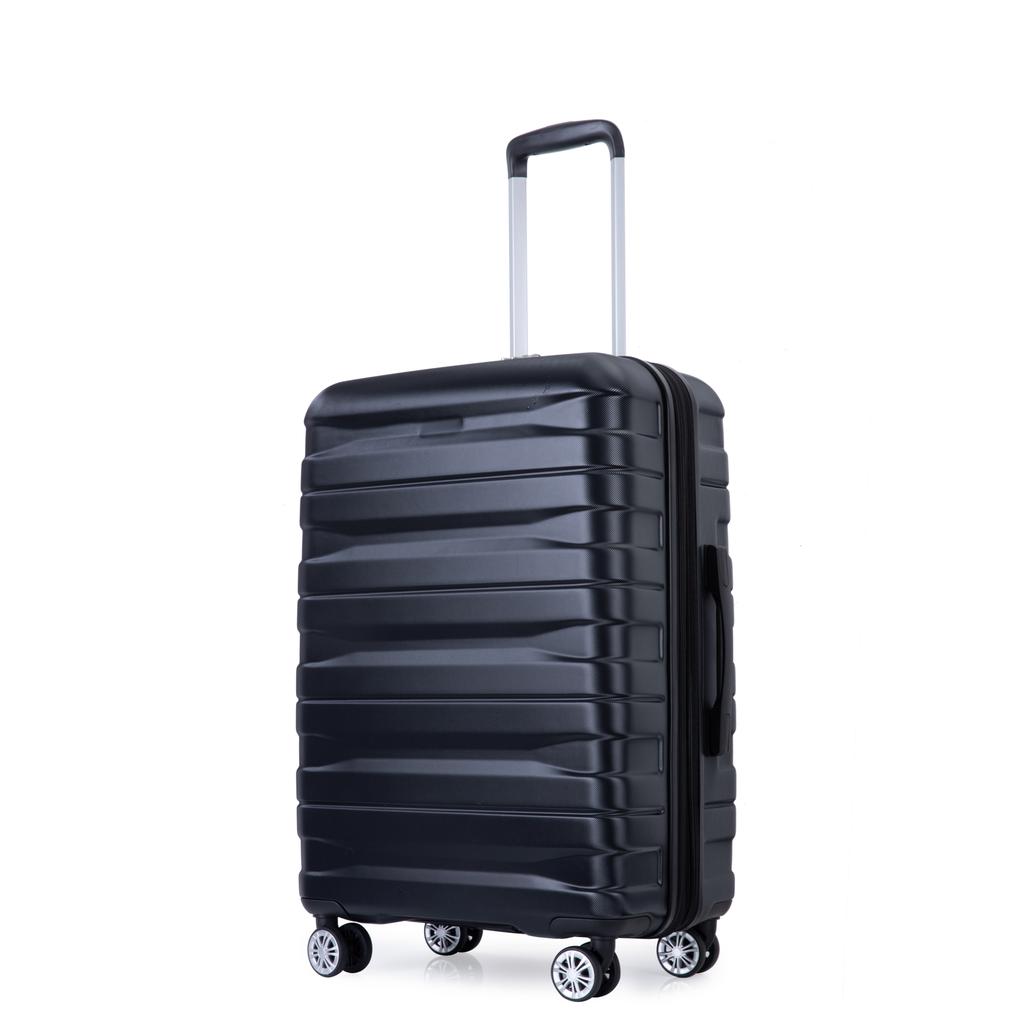Black hardshell carryon suitcase with spinner wheels and telescoping handle