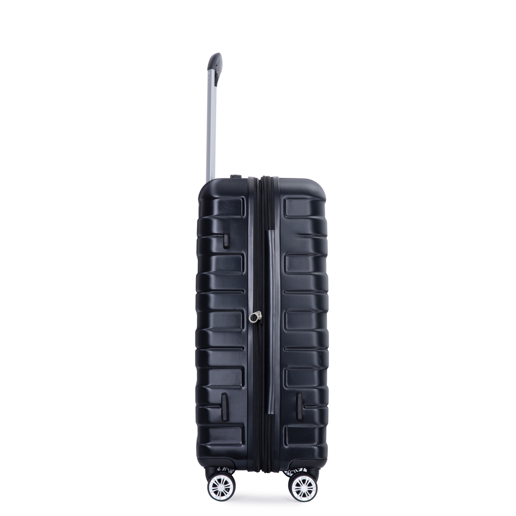 Black hard shell spinner suitcase with telescopic handle and four spinner wheels
