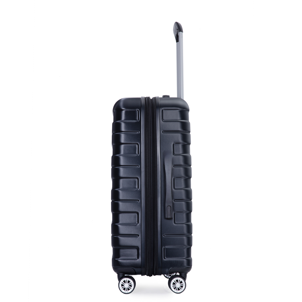 Black hardside spinner suitcase with textured exterior and silver telescopic handle