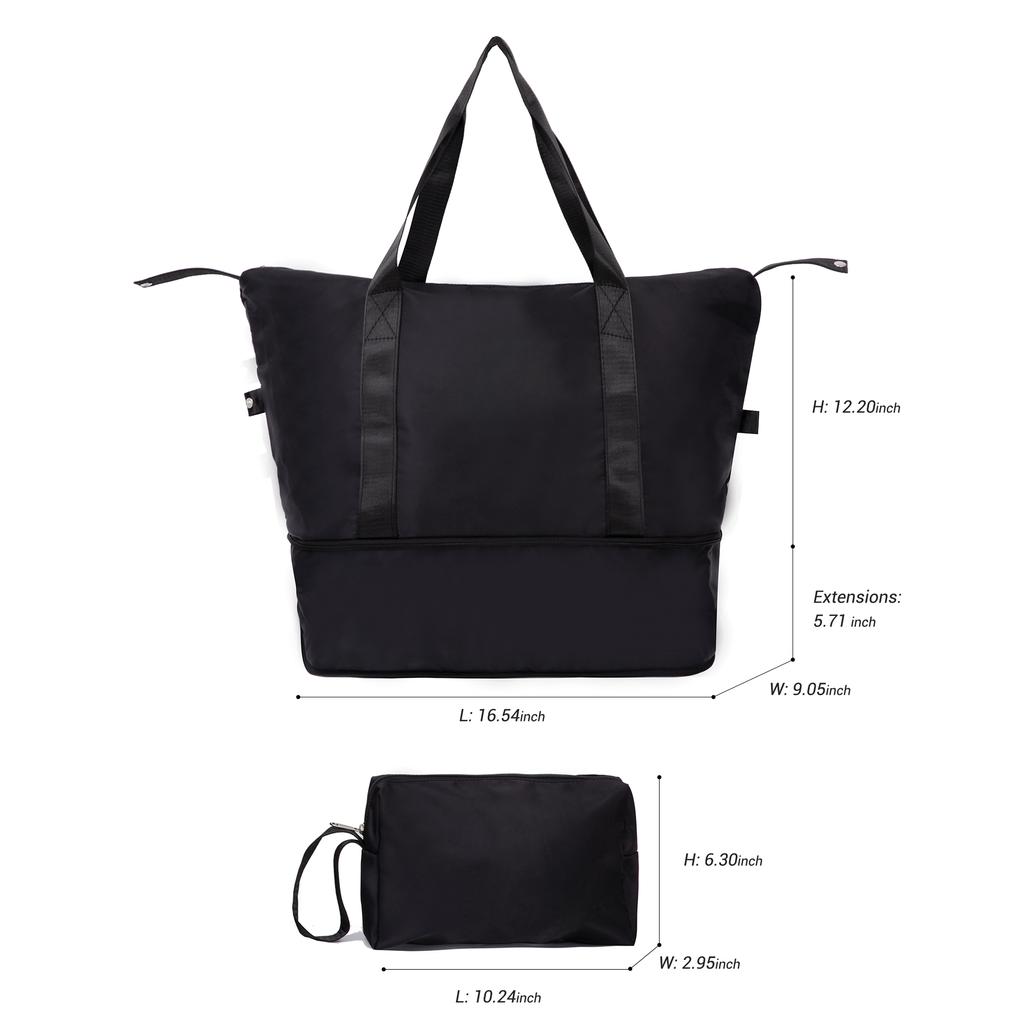 Black nylon expandable travel duffel bag with side handles and exterior zip pocket