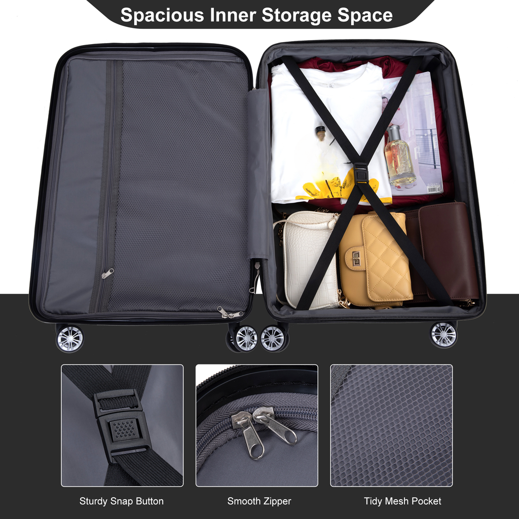 Open black suitcase interior with clothes bags and toiletries secured by straps