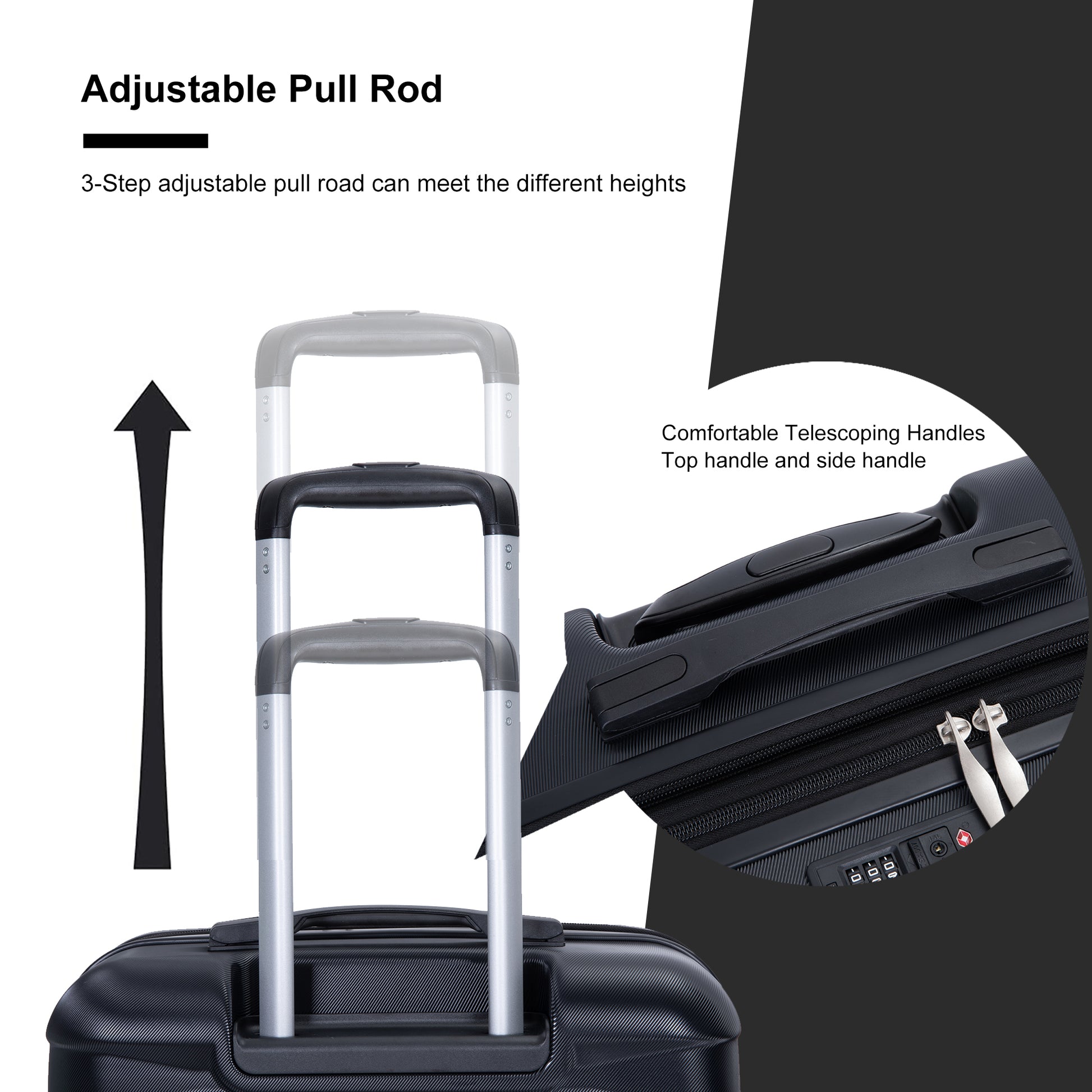 Black hardshell suitcase features a threestep adjustable pull rod for comfortable use