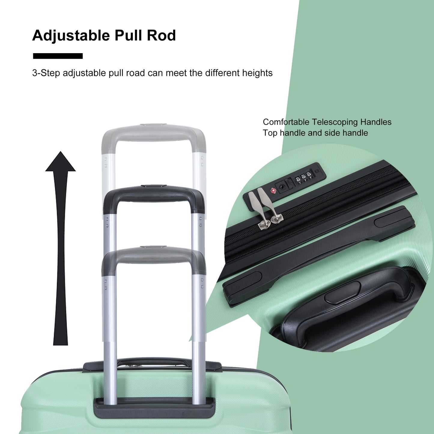 Mint green suitcase with a step adjustable pull rod for travel