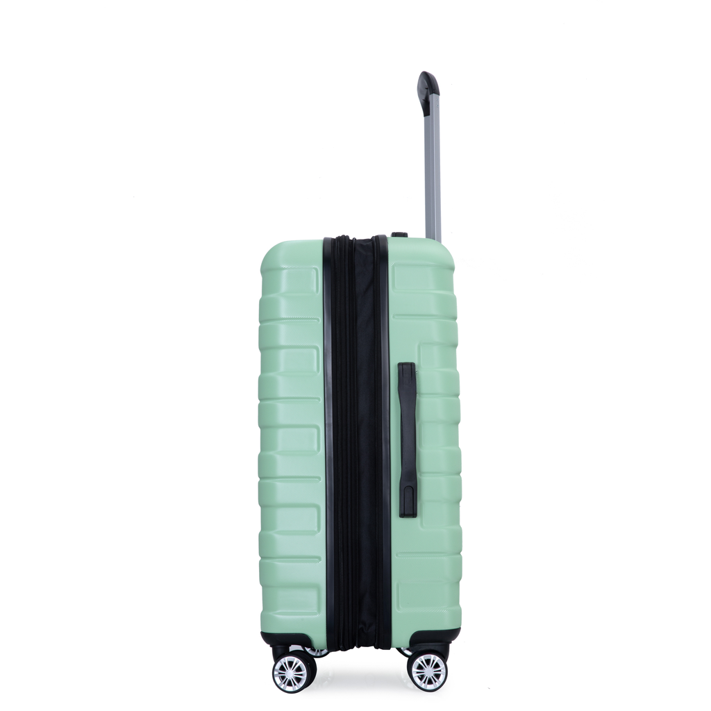 Light green hardshell suitcase with expandable zipper and telescoping handle