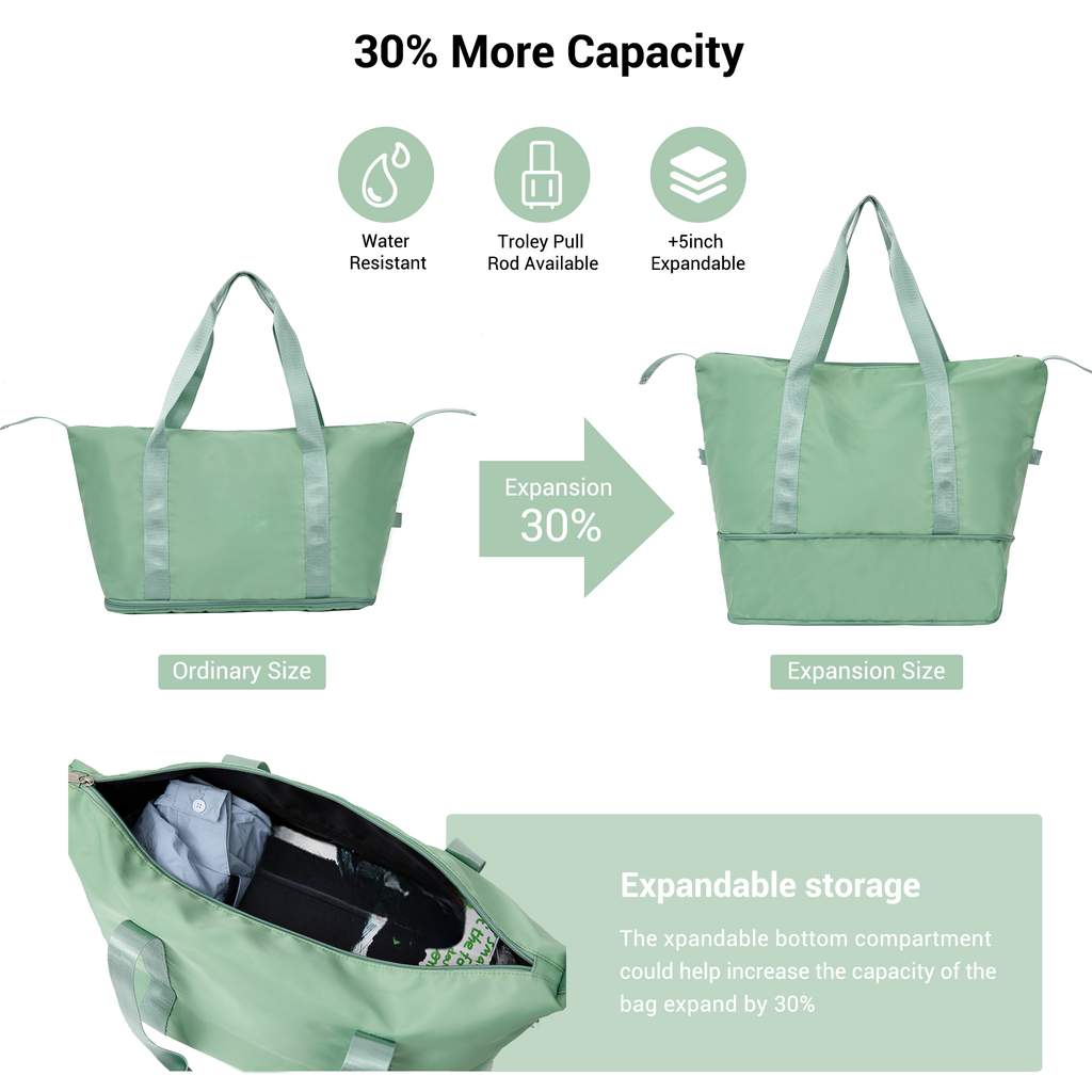 Light green expandable travel bag in ordinary size