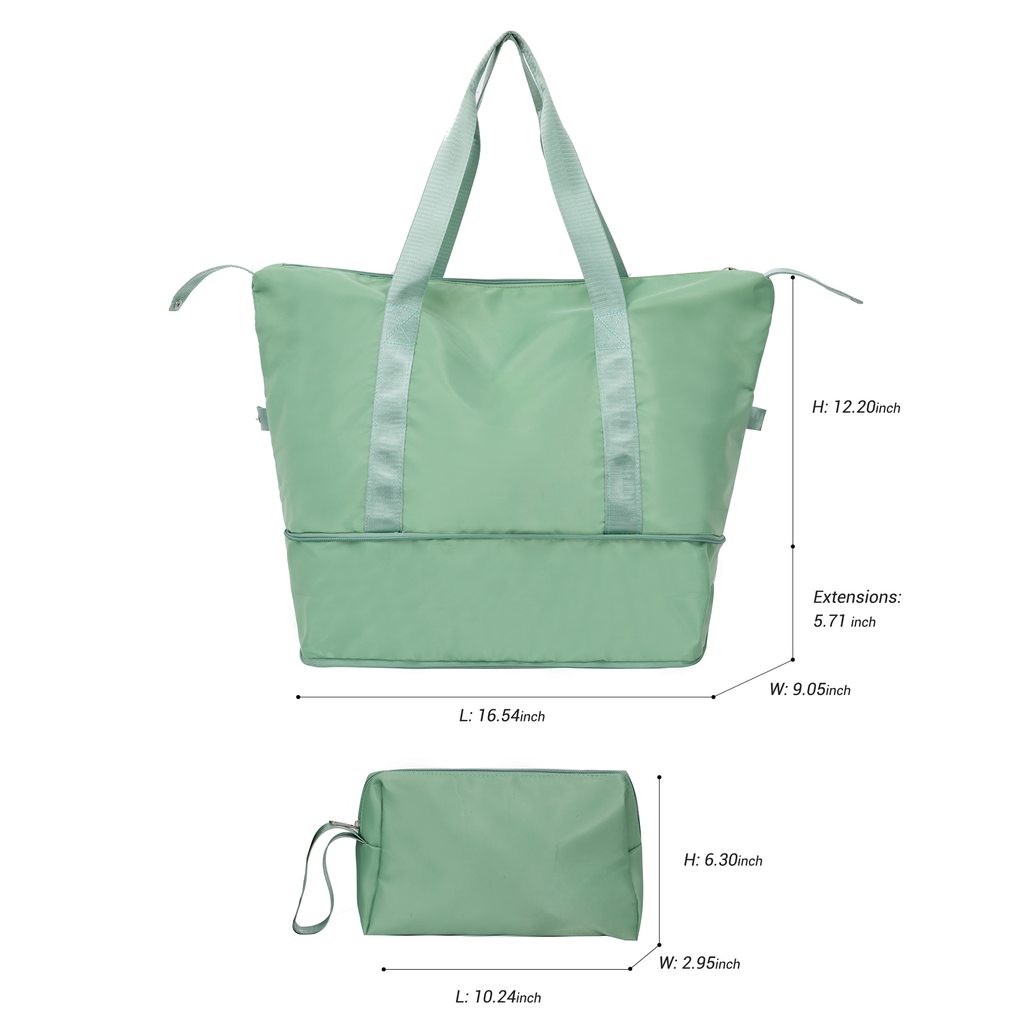 Light green expandable travel duffel bag with dual handles and exterior dimensions labeled