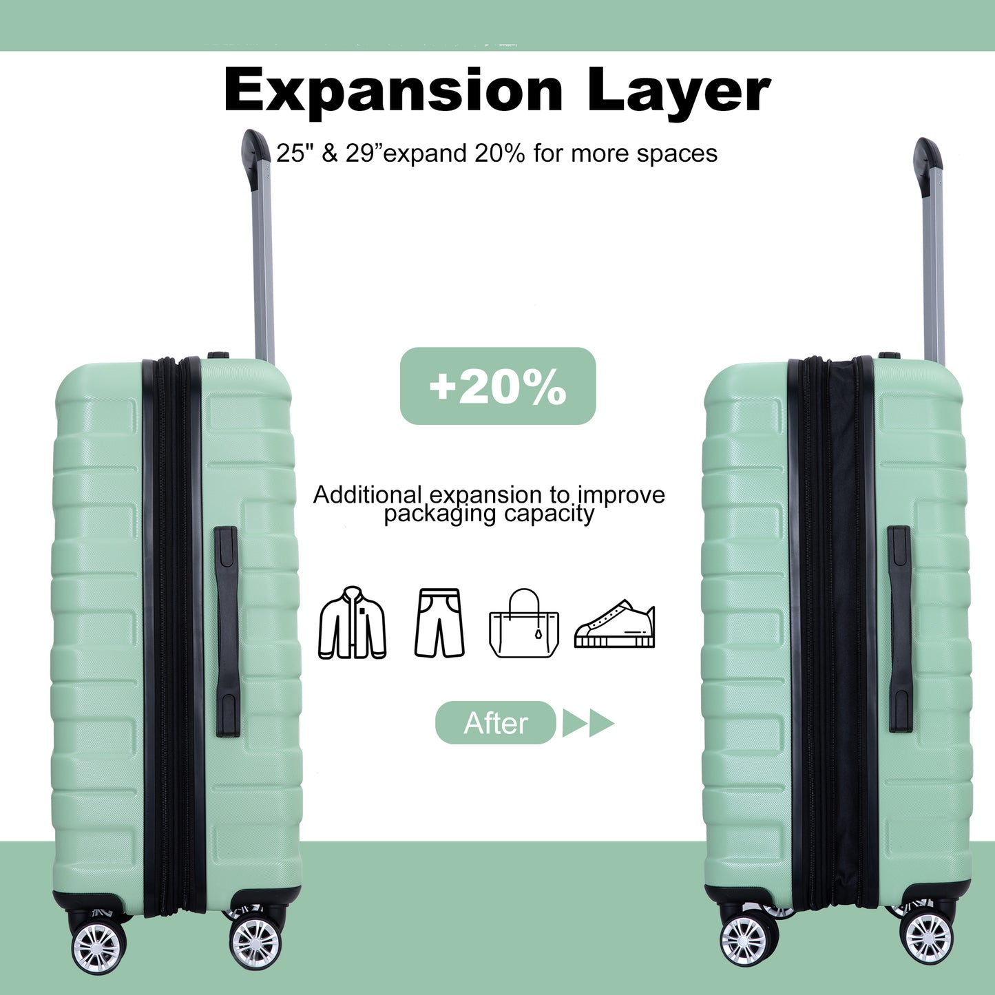 Mint green hardside carryon luggage with expandable zipper for travel