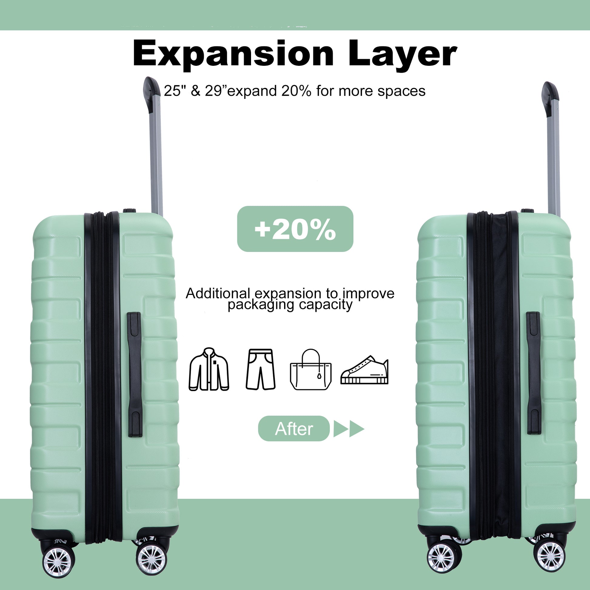 Mint green hardside carryon luggage with expandable zipper for travel