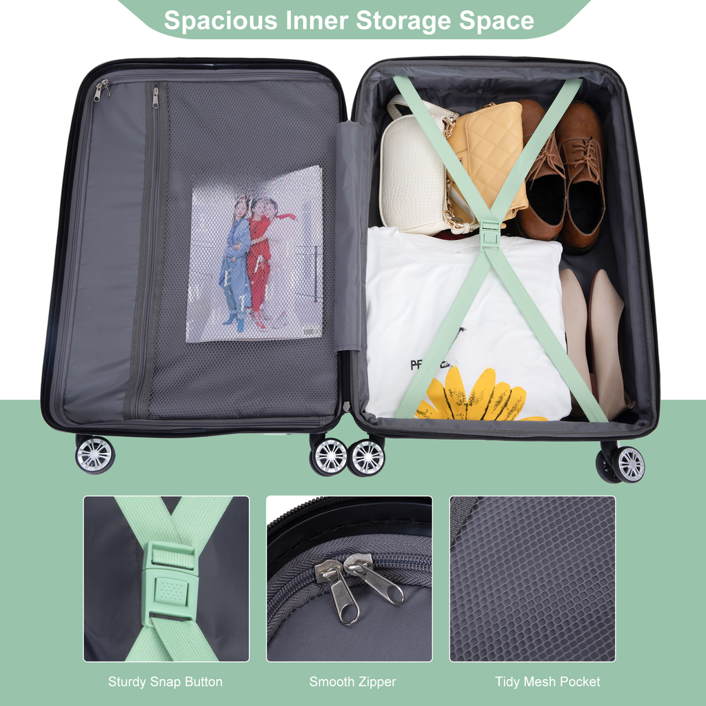 Open black suitcase filled with clothing shoes and accessories showcasing spacious storage