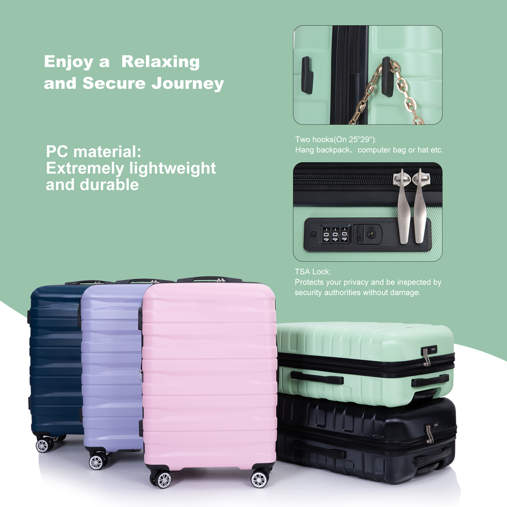 Lightweight navy blue PC spinner luggage with TSA lock and comfortable handle