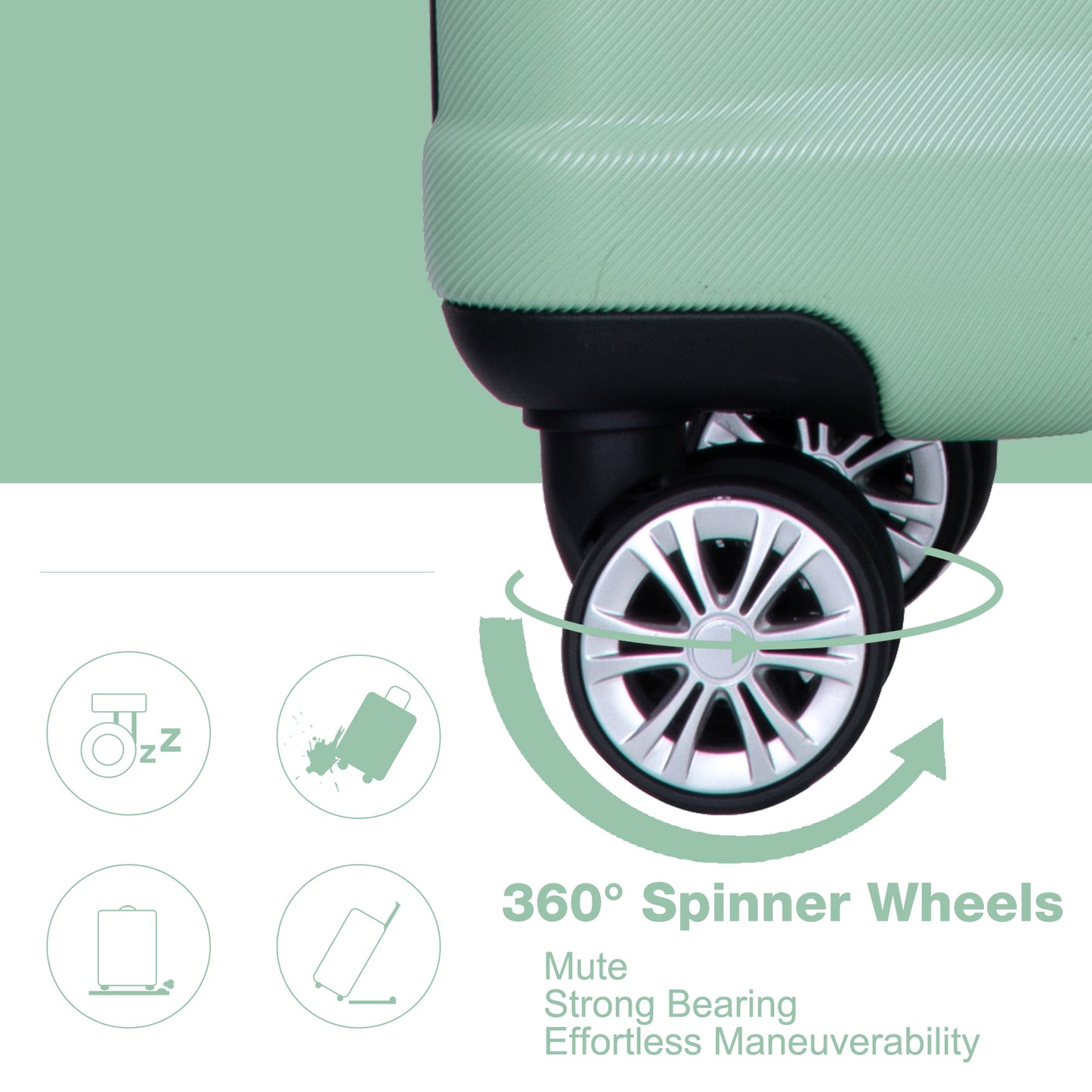 Closeup of mint green suitcase with  spinner wheels for effortless maneuverability