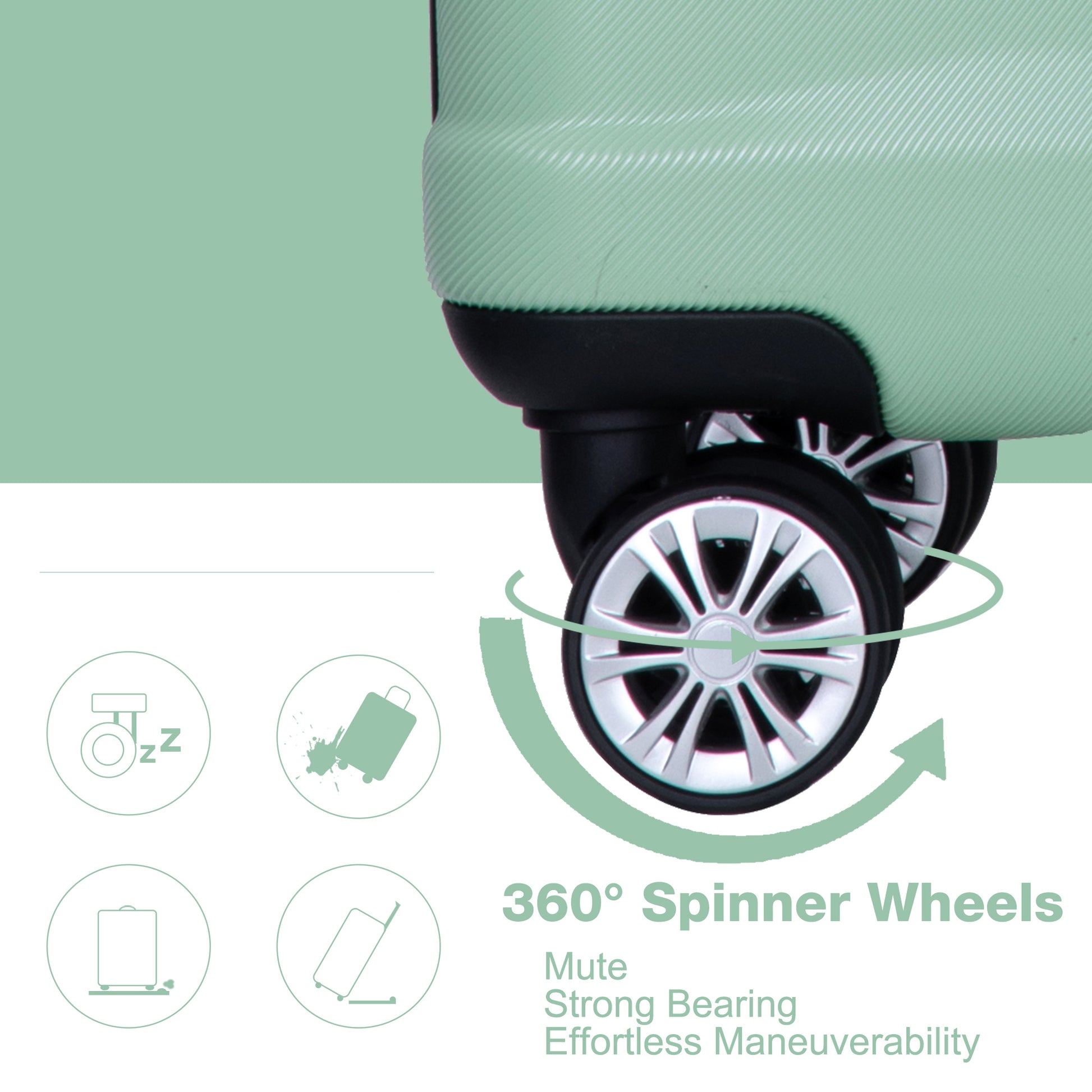 Closeup of mint green suitcase with  spinner wheels for effortless maneuverability
