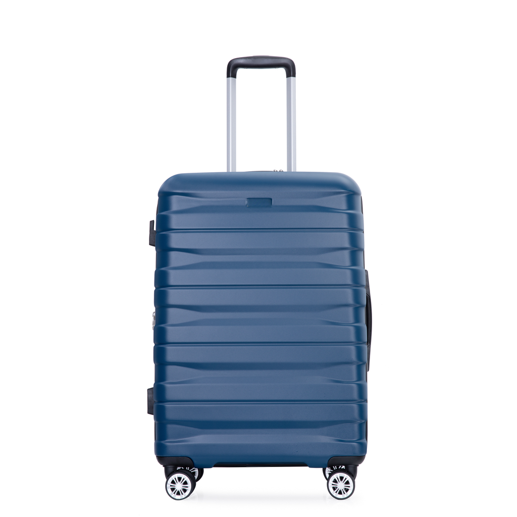 Navy blue hardshell suitcase with silver telescopic handle and four spinner wheels