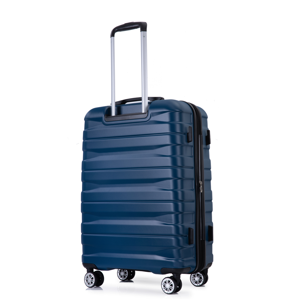 Dark blue hardside luggage with textured finish and four spinner wheels