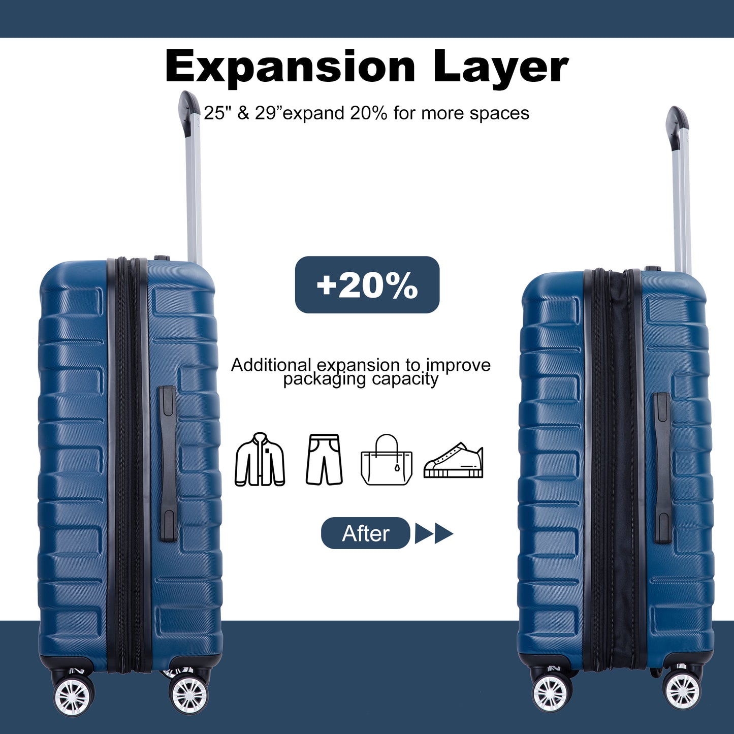 Navy blue hardside suitcase with expansion zipper for travel