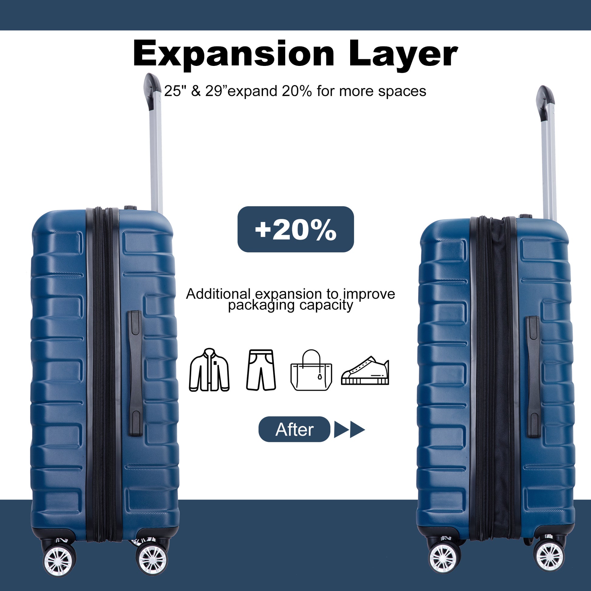 Navy blue hardside suitcase with expansion zipper for travel