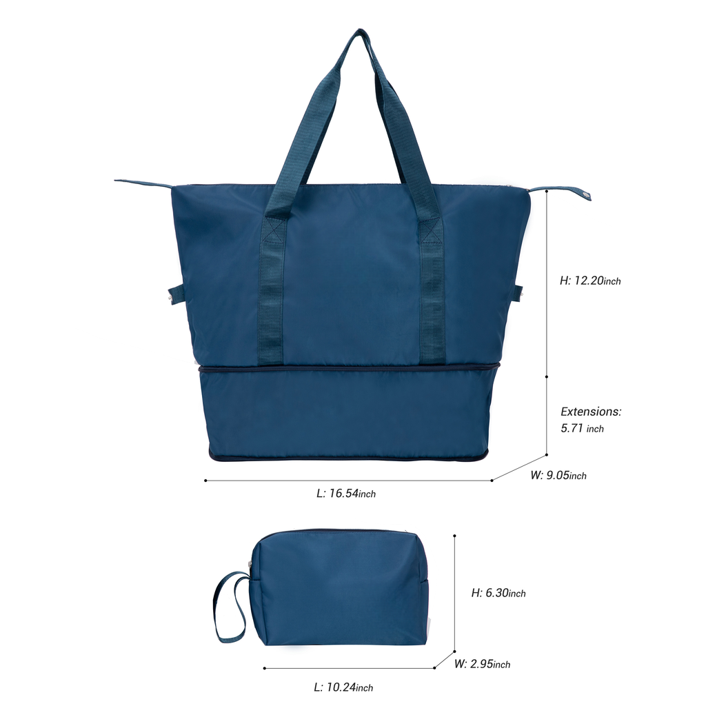 Navy blue expandable travel duffel bag with separate bottom compartment