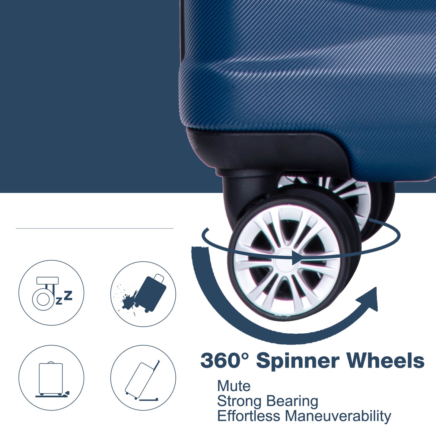 Closeup of blue spinner wheels on a textured suitcase highlighting maneuverability