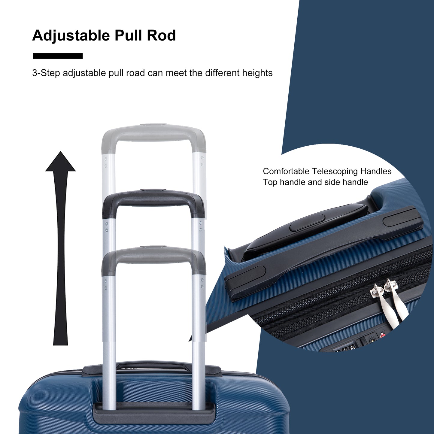 Blue hardside suitcase with step adjustable pull rod for easy height customization