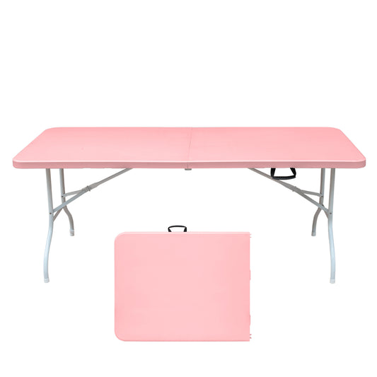 Pink folding picnic table open for outdoor use with a closed table shown below