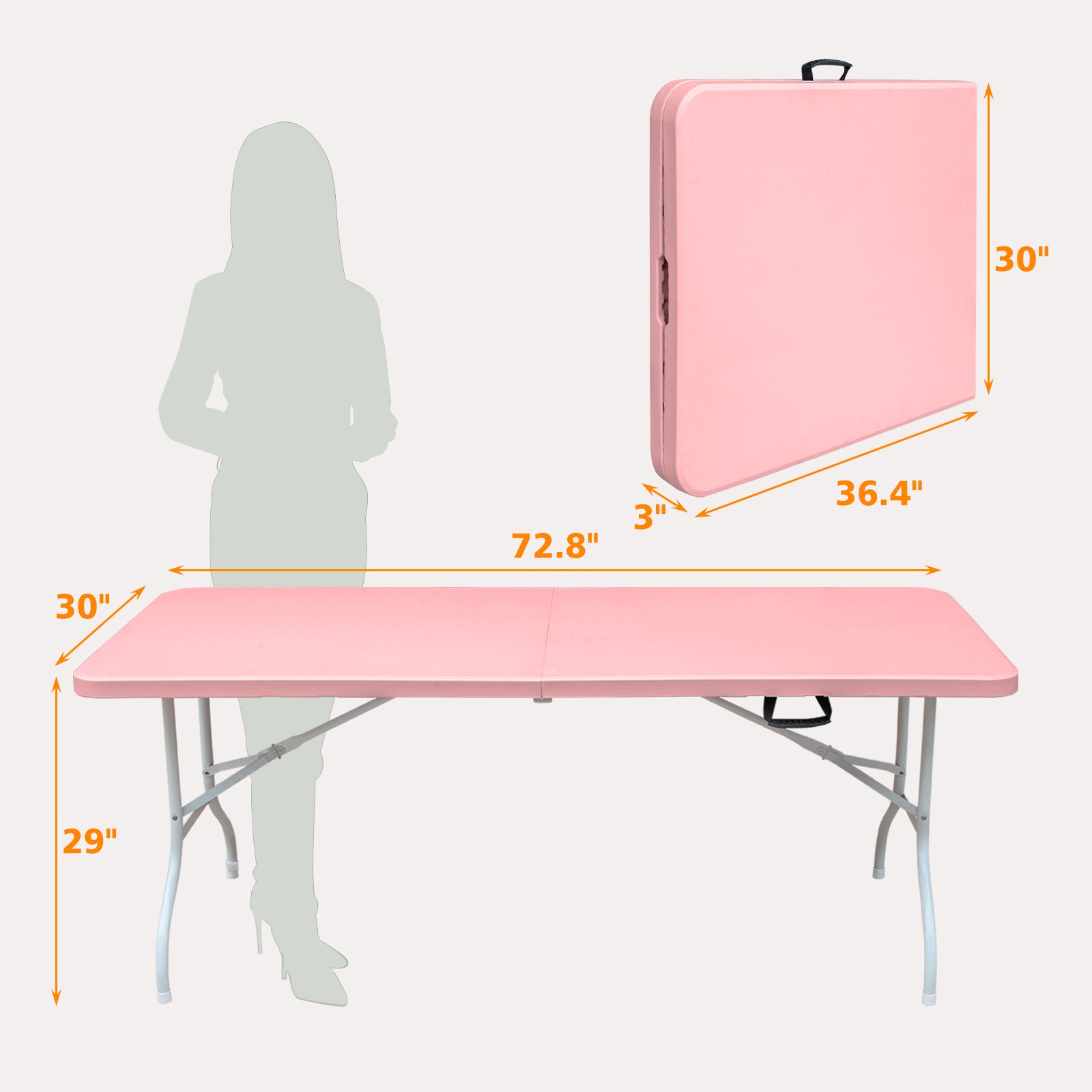 Pink folding table ft showing folded and open dimensions for easy storage and use