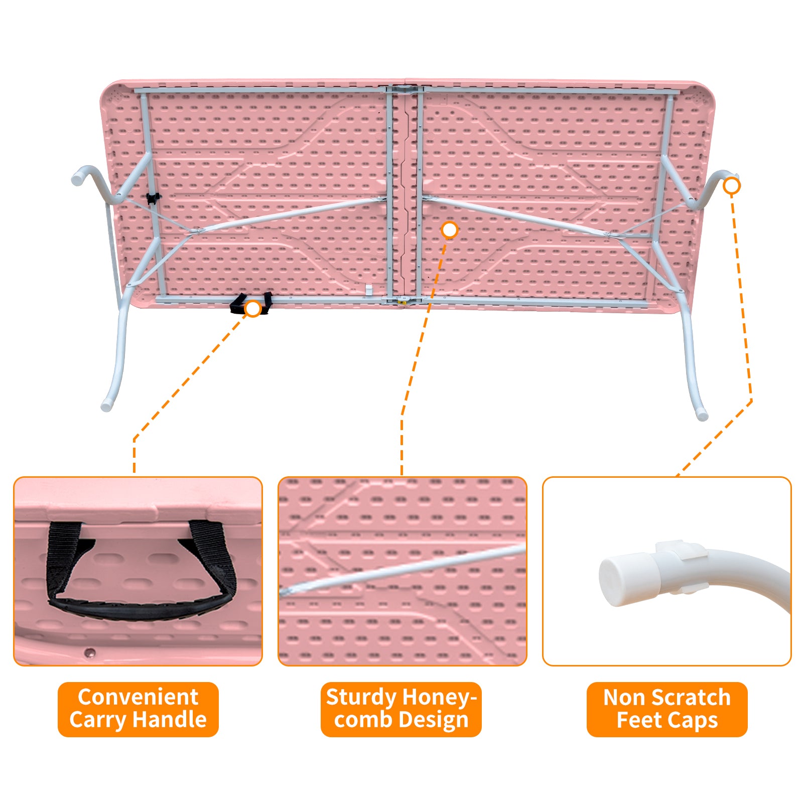 Pink folding table underside with steel frame and carry handle detail