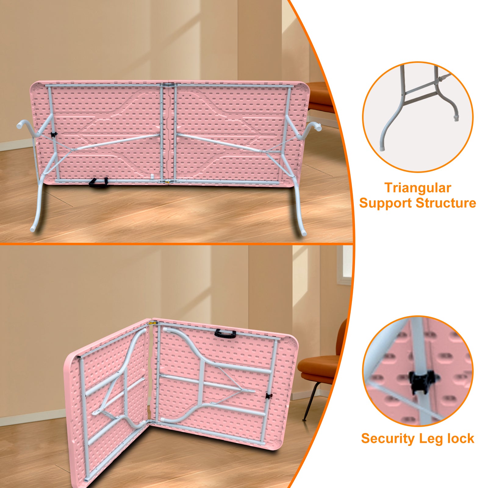Pink folding picnic table underside with white metal frame and secure leg lock mechanism