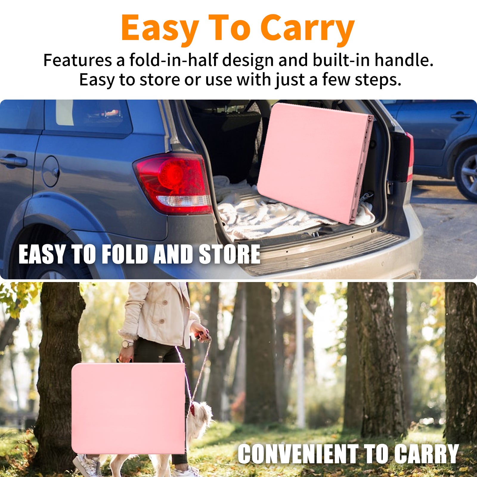 Pink foldable picnic table with a builtin handle for easy portability