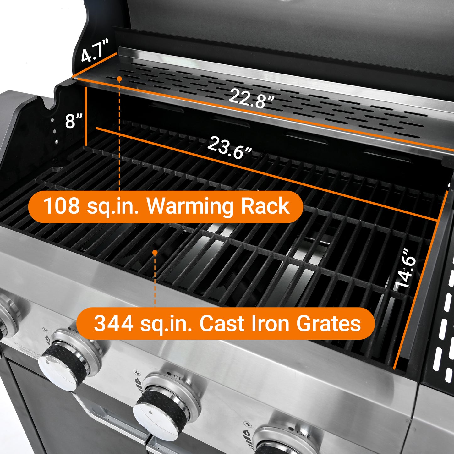 Stainless steel gas grill interior with  sqin warming rack  depth