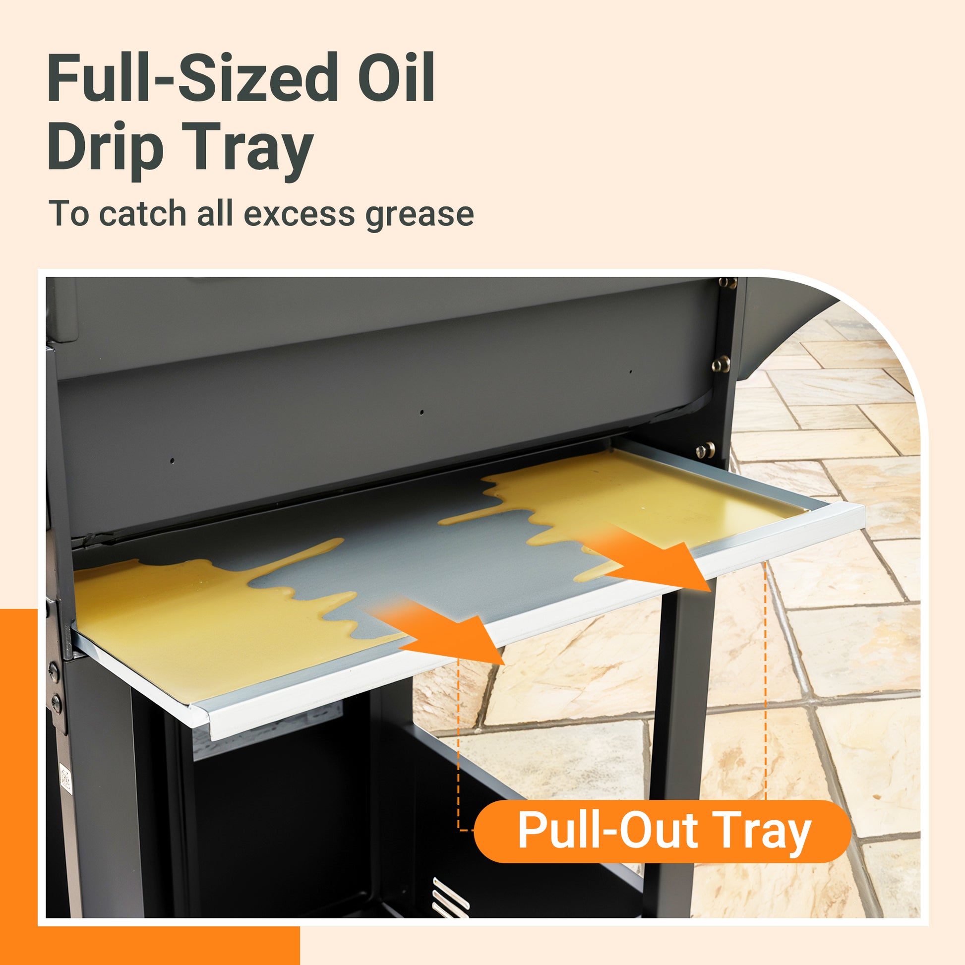 Fullsized oil drip tray with yellow grease spill designed for easy cleaning