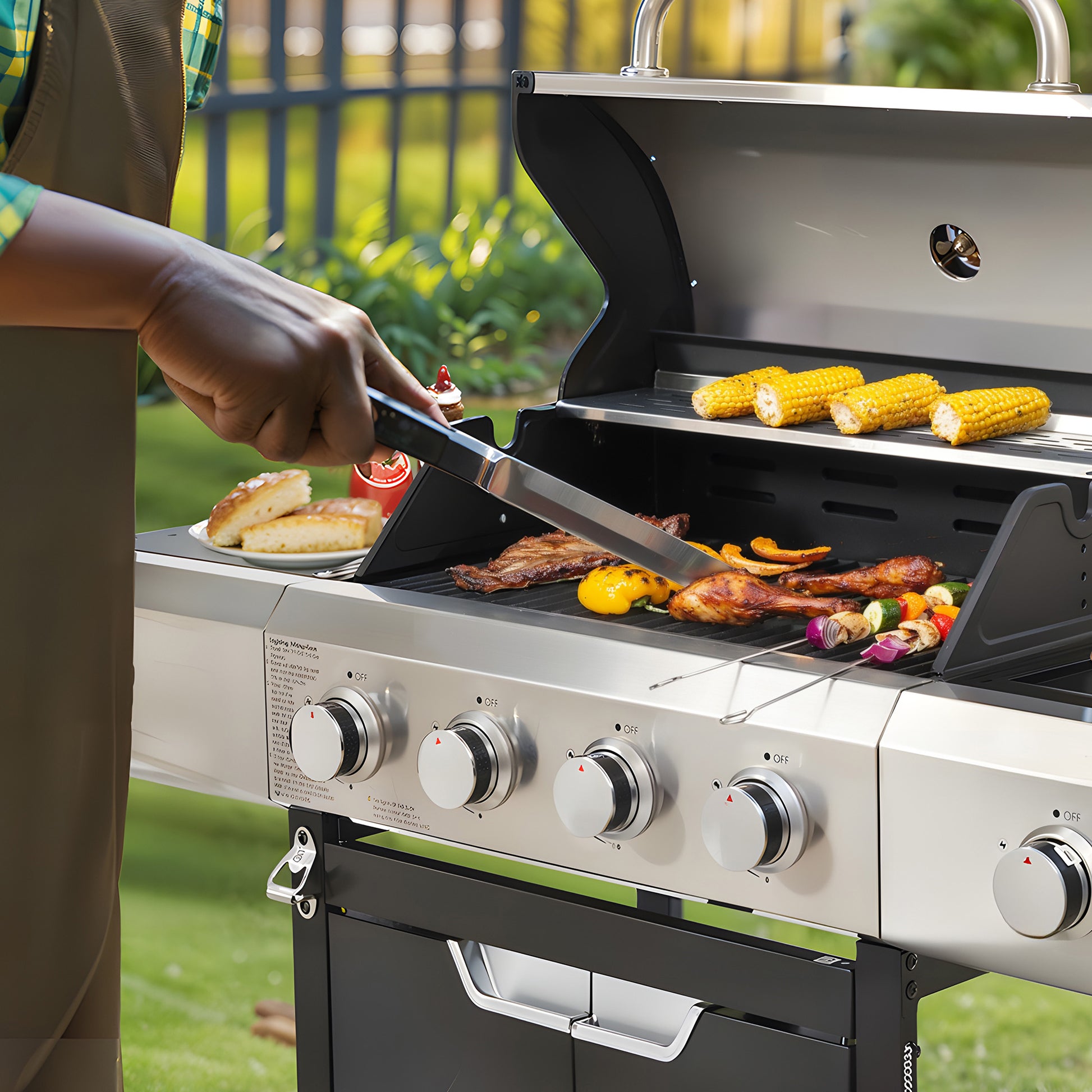 Stainless steel gas grill cooking corn on the cob and skewers outdoors