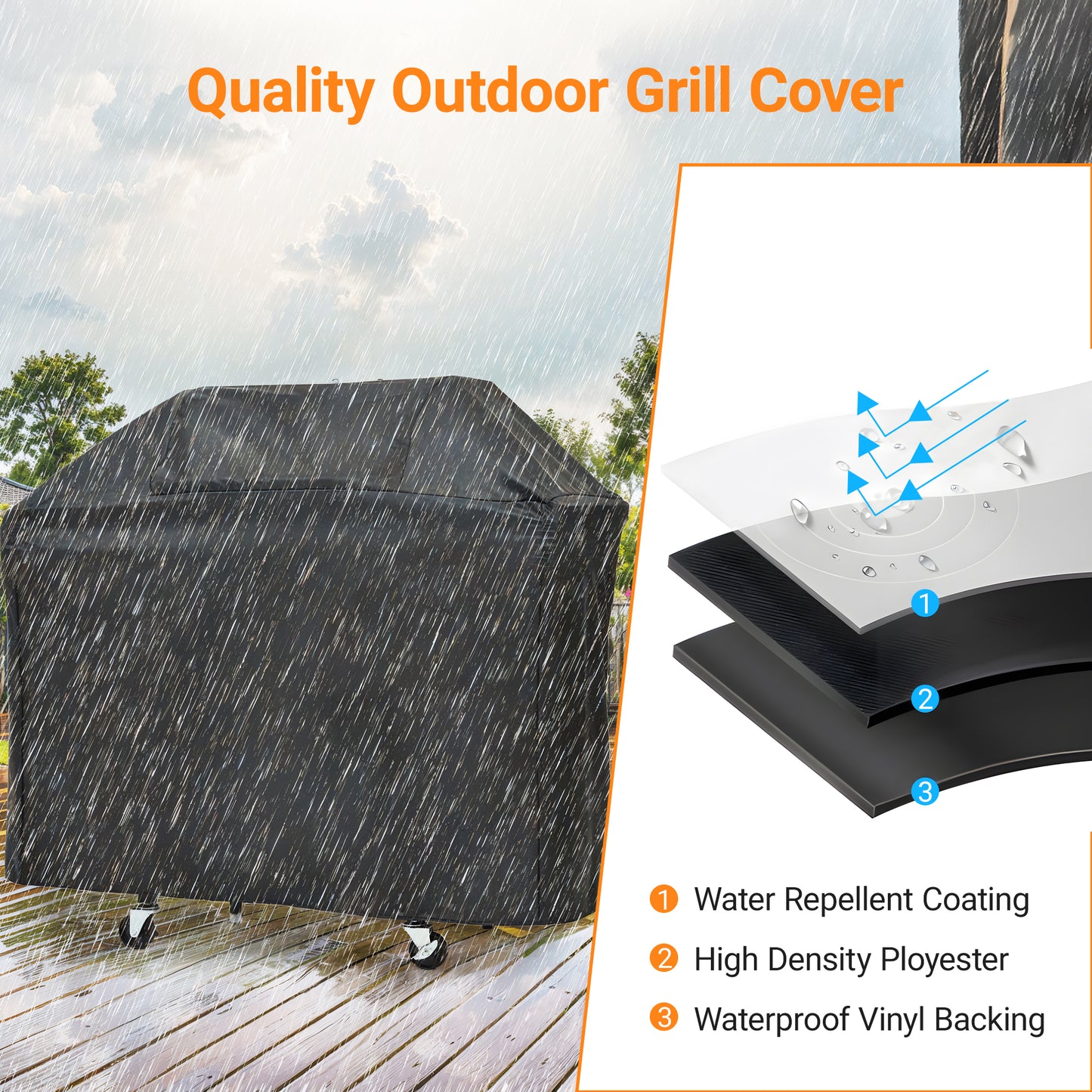 Black waterproof outdoor grill cover protecting grill from rain