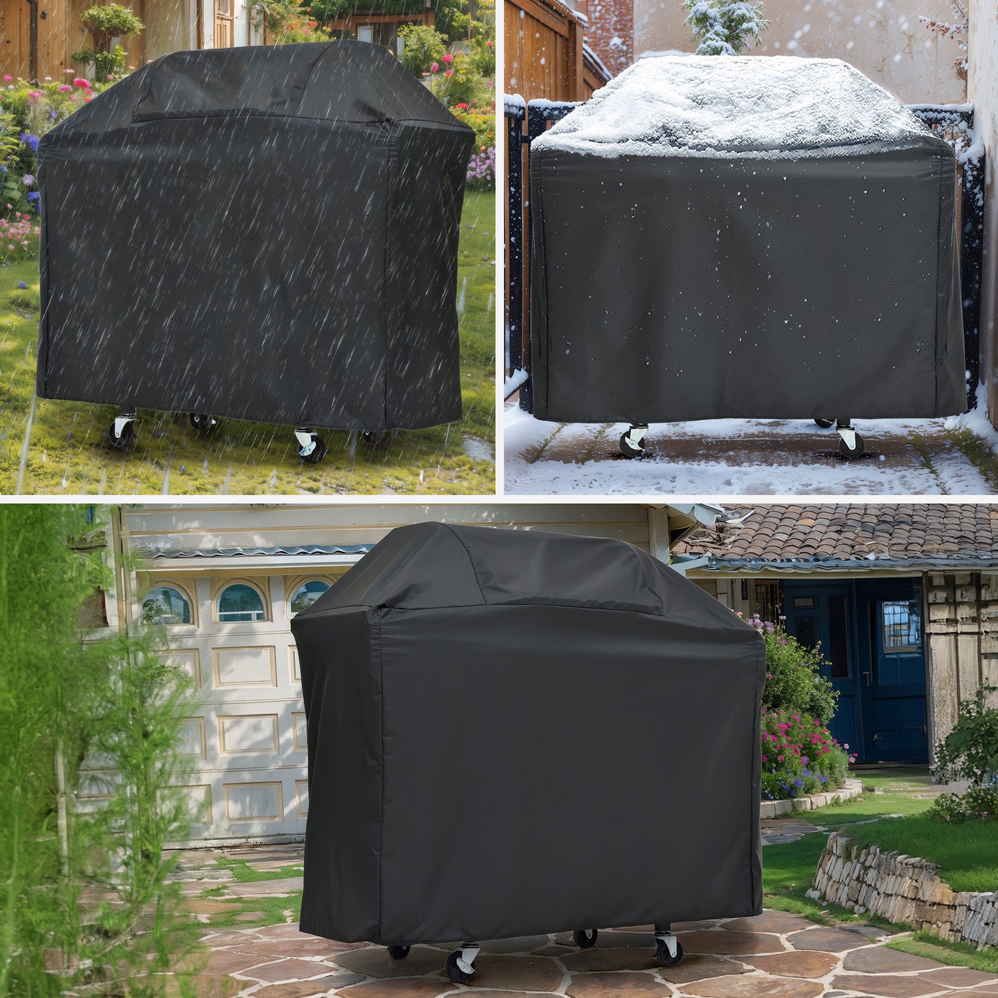 Black waterproof grill cover protecting a BBQ from rain and snow