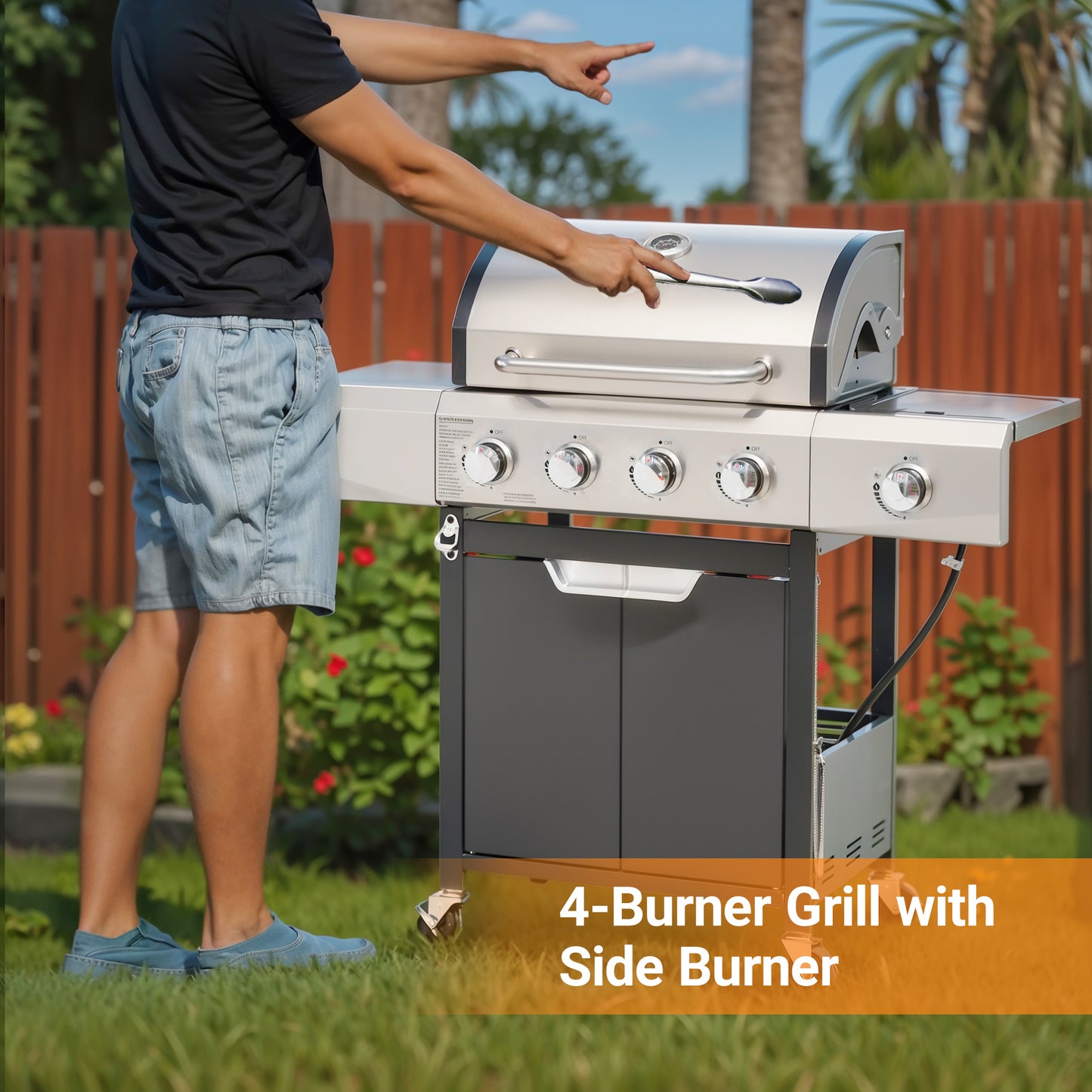 Stainless steel burner grill with side burner in an outdoor setting