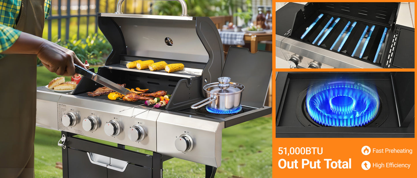 Stainless steel propane grill cooking corn and skewers on a sunny day
