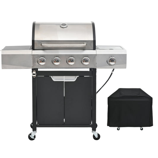Stainless steel burner gas grill with side burner control knobs and black cabinet on wheels