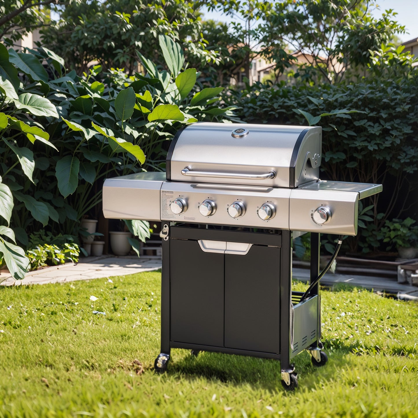 Stainless steel burner gas grill with black cabinet and side shelves perfect for outdoor cooking