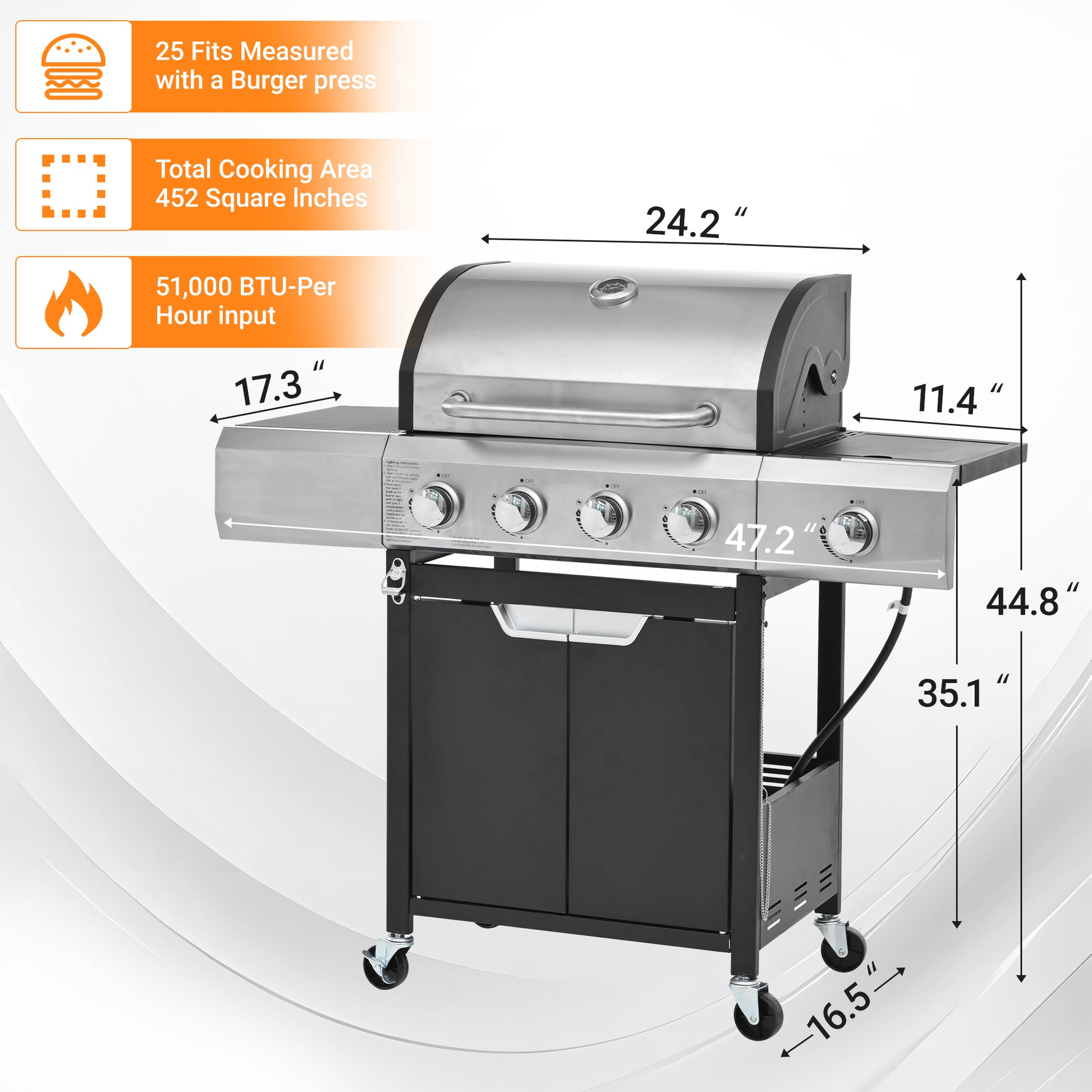 Stainless steel burner gas grill with side shelf and storage cabinet