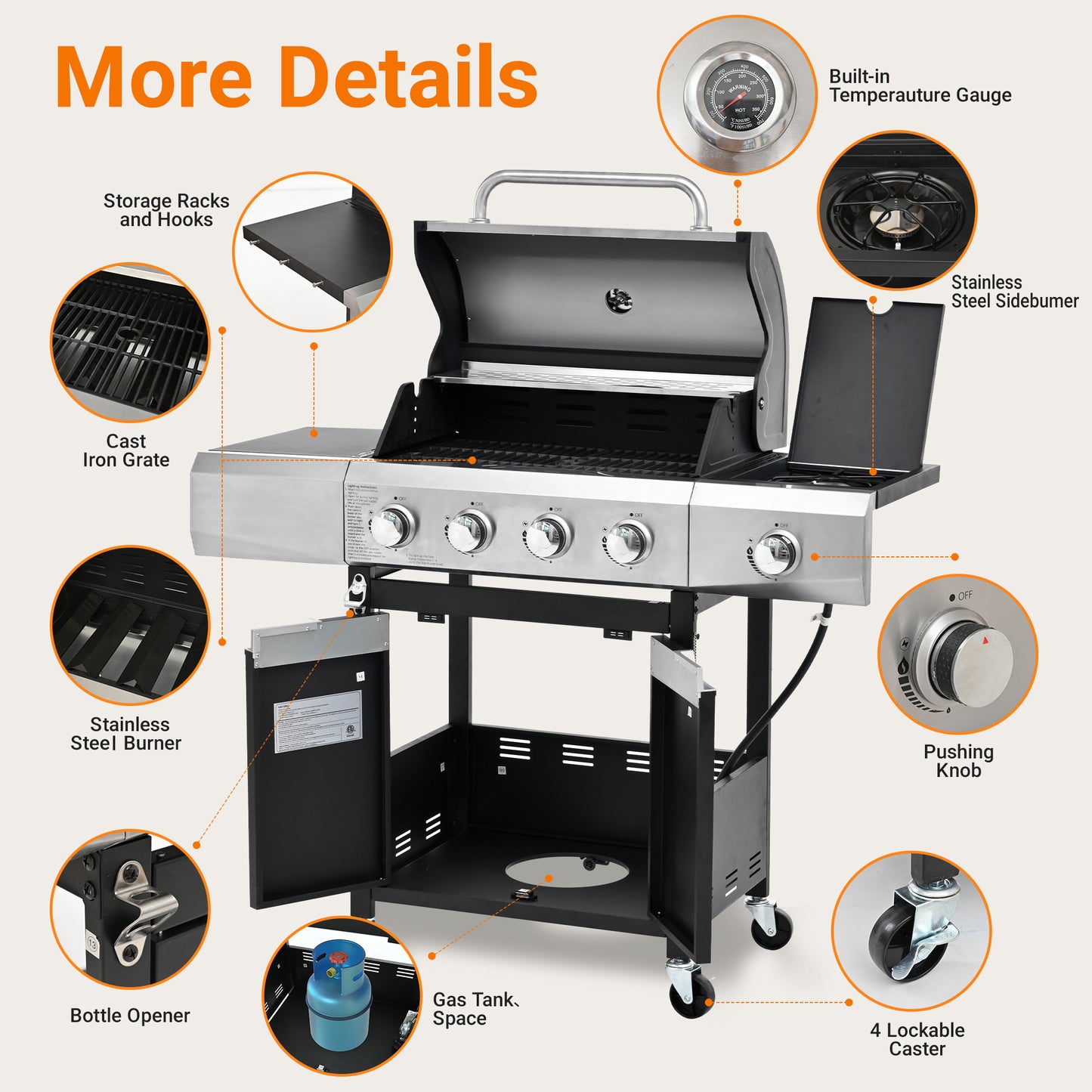 Stainless steel gas grill with four cast iron burners and a builtin thermometer