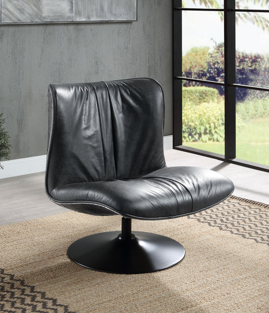 Black faux leather swivel chair with pleated details and a matte black base