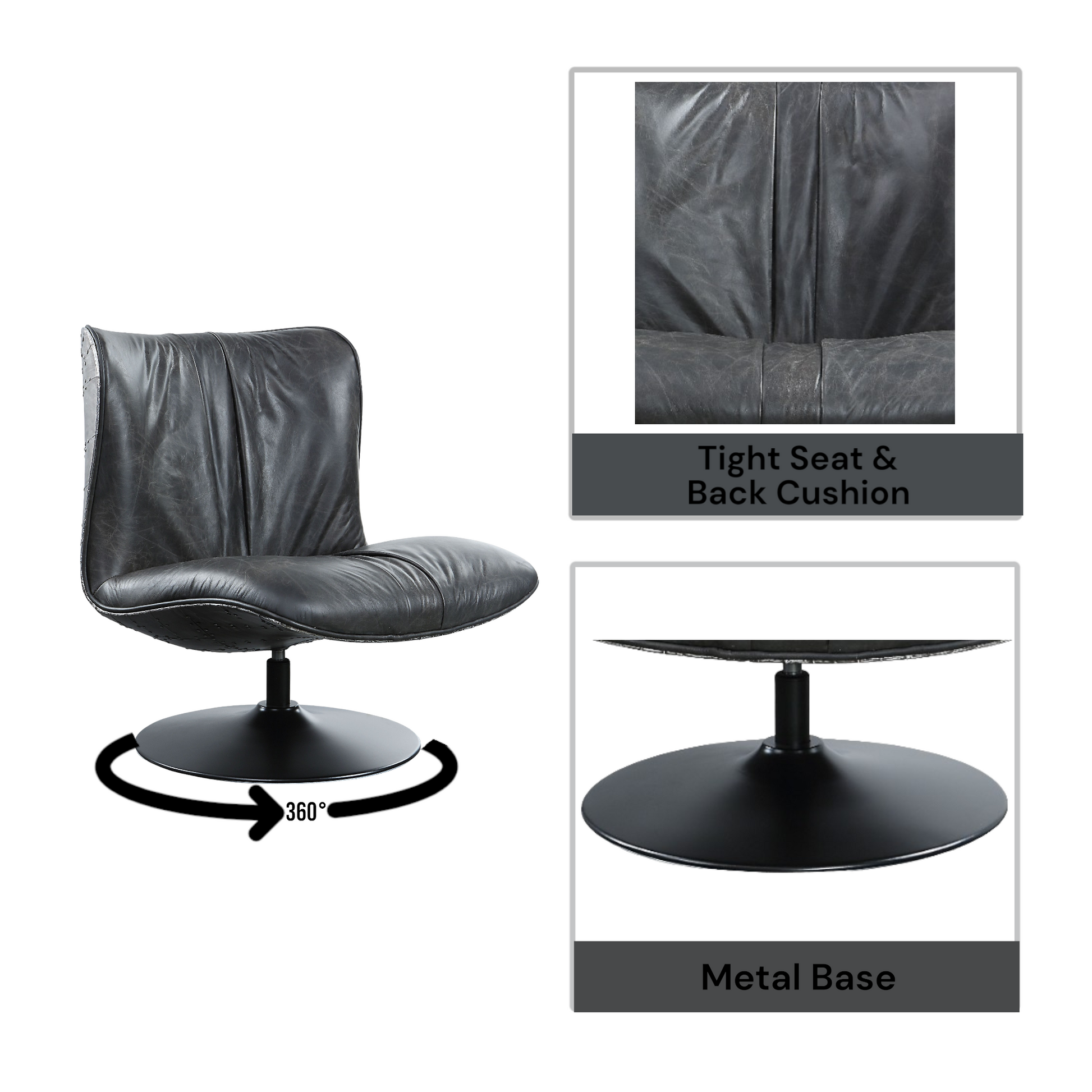 Charcoal distressed leather lounge chair with black metal swivel base