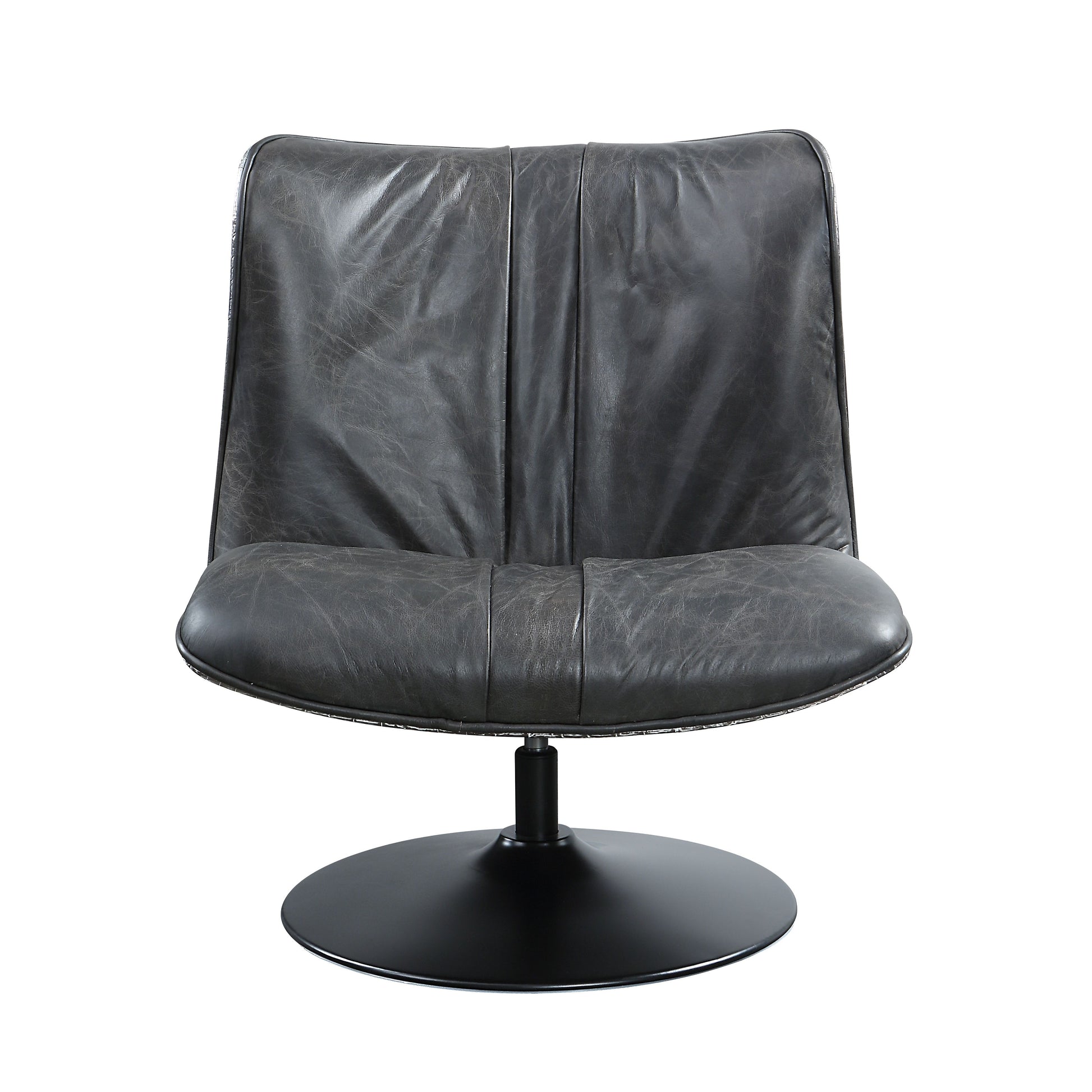 Modern gray leather swivel chair with a black base