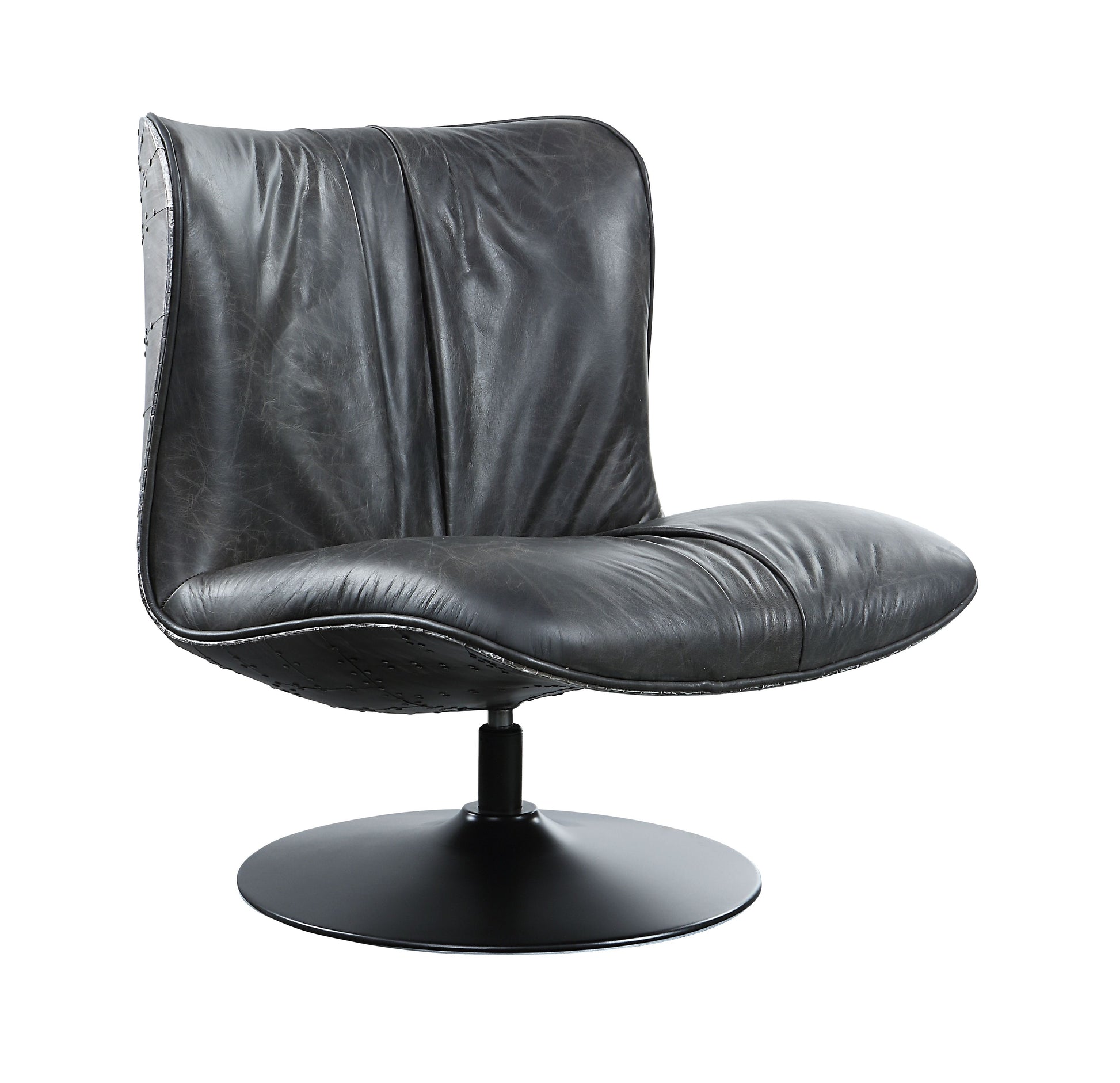 Dark grey distressed leather lounge chair with swivel base