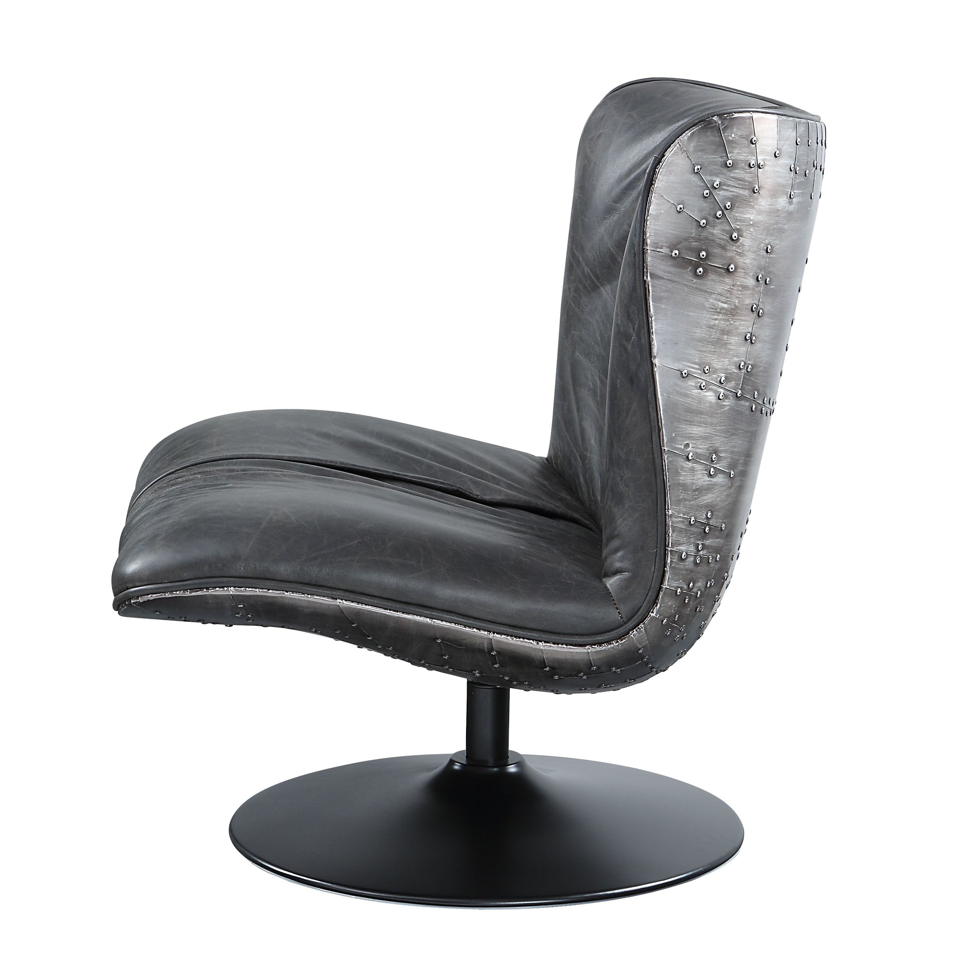 Distressed black leather accent chair with riveted metal back and swivel base