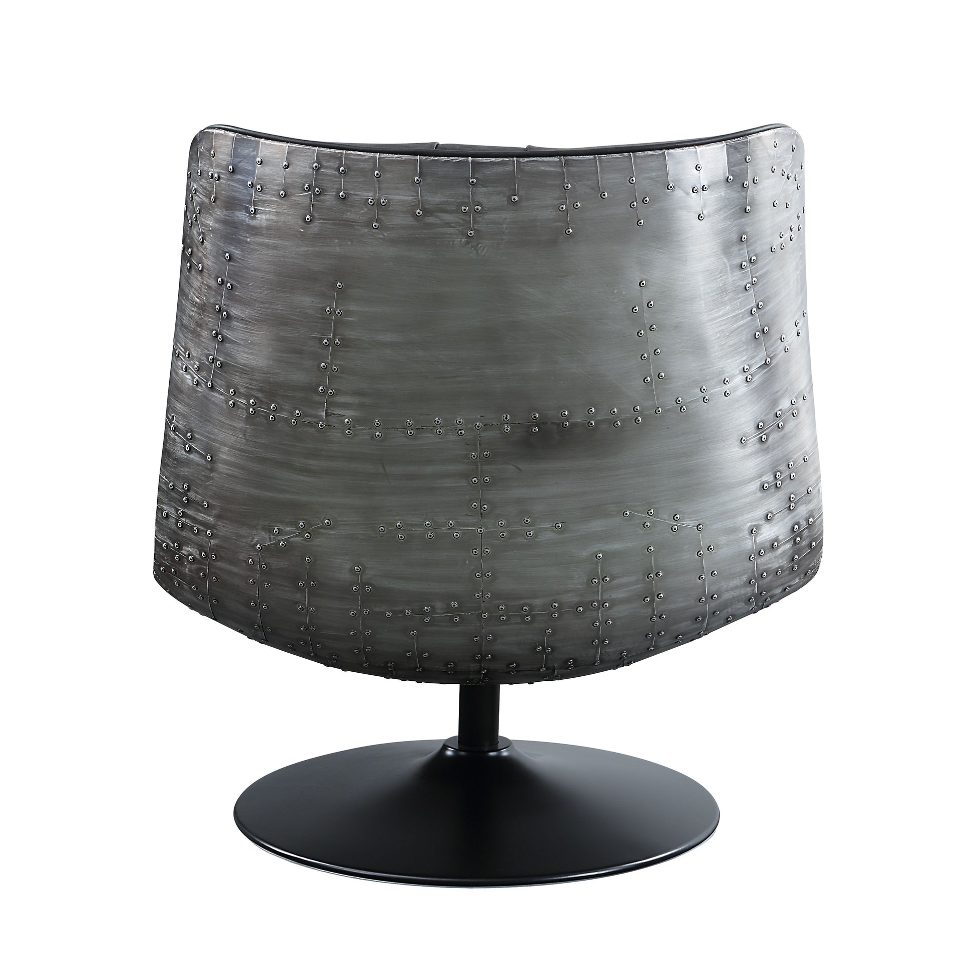 Riveted distressed metal accent chair with black base