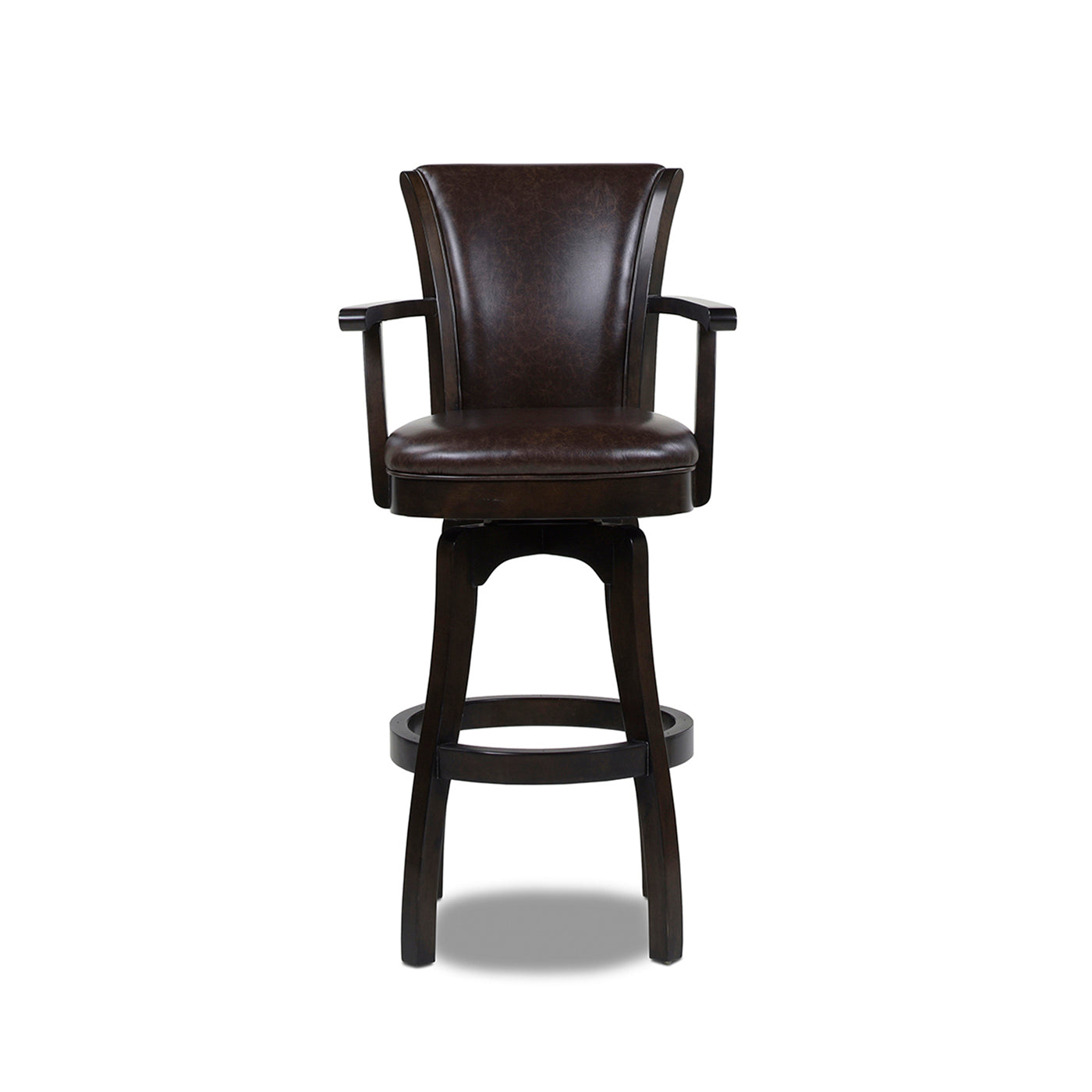 Dark brown leatherette swivel bar stool with wooden frame