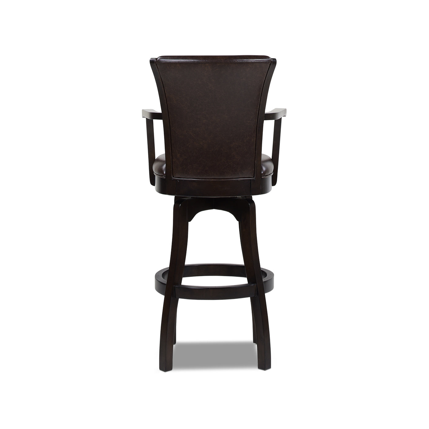 Dark brown leather swivel bar stool with wooden base and footrest